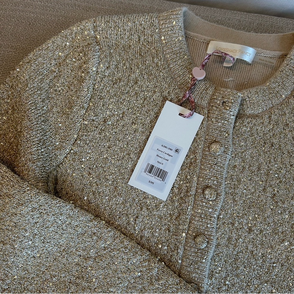 NWT LoveShackFancy Ferra Sequin Stretch Knit Cardigan Honey Gold Holiday - Picture 7 of 14